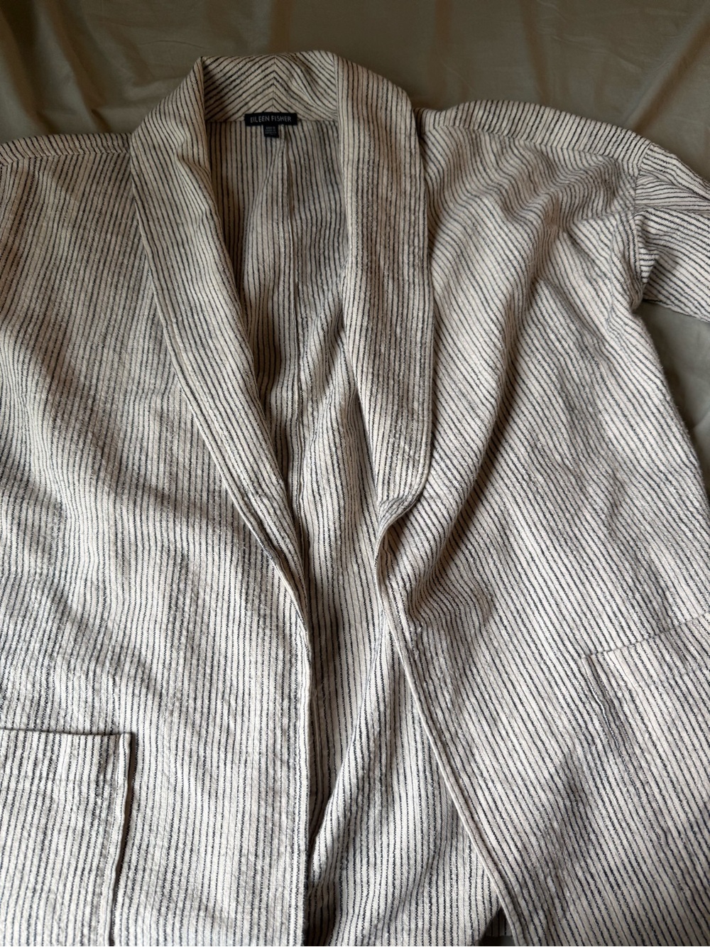 Eileen Fisher Natural Black Striped Cotton Open Front Jacket S M Oversized - Picture 11 of 13